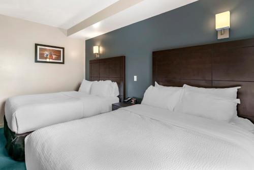 two beds in a hotel room with white sheets at Econo Lodge in Montréal