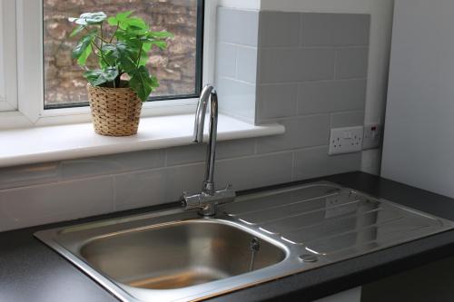 a kitchen sink with a potted plant in a window at Thesiger Court Apartments - Free Private Parking - by Property Promise in Cardiff