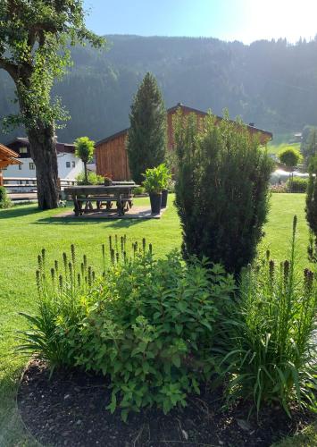 a garden with a picnic table and some plants at Ferienwohnungen Monika Winter in Kleinarl