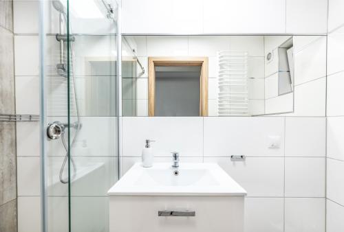 une salle de bain blanche avec lavabo et douche dans l'établissement Nasze Wybrzeże, à Sarbinowo