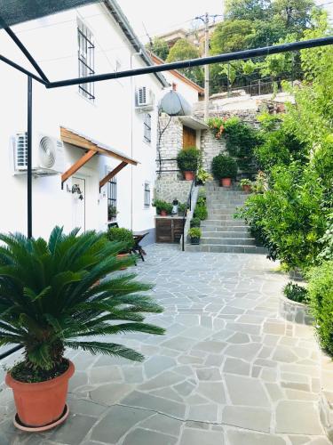 a courtyard with a potted plant in front of a building at Grandpa’s Home in Gjirokastër