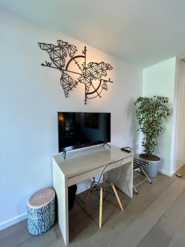 Cette chambre comprend un bureau, une télévision et un mur. dans l'établissement 