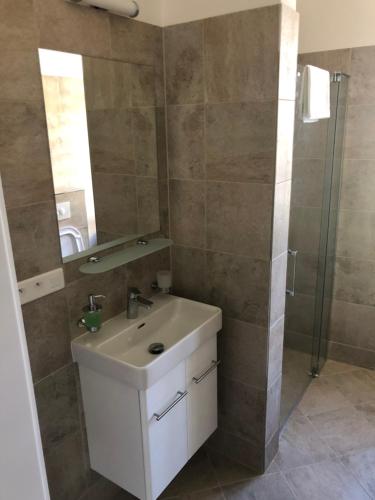 a bathroom with a sink and a shower at Egrensis Apartments in Loket
