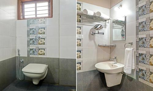 two pictures of a bathroom with a toilet and a sink at Treebo Avyukta Stay in Madikeri