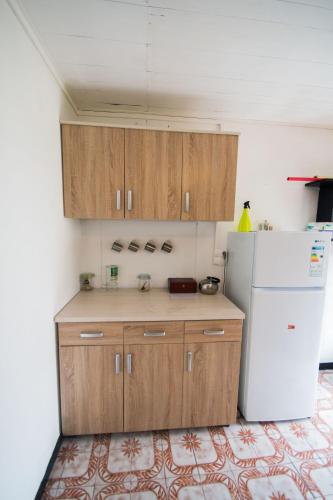 a kitchen with a white refrigerator and wooden cabinets at CILAOS 360° in Cilaos