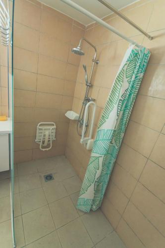 a bathroom with a shower stall with a sink at CILAOS 360° in Cilaos