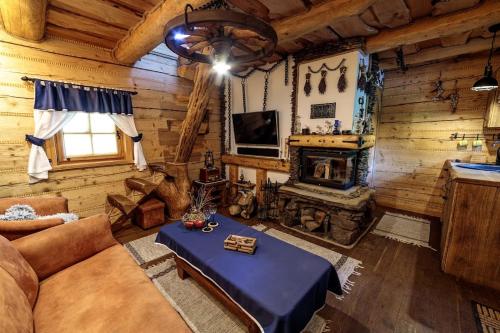 salon z kanapą i kominkiem w drewnianym domku w obiekcie Domek Szyjówka w mieście Chyrowa