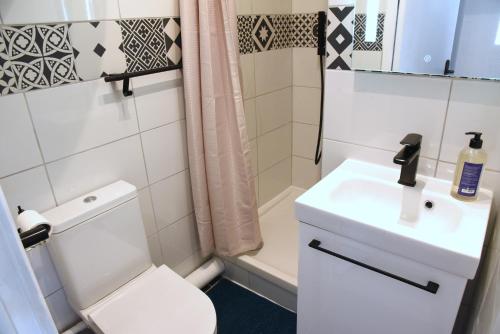 une salle de bain avec toilettes, lavabo et douche dans l'établissement Kimme blue - terrasse exceptionnelle plein centre, à Orléans