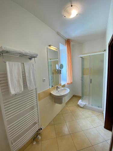 a bathroom with a sink and a shower at Orient Spa in České Budějovice