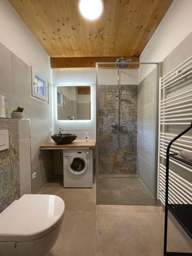 a bathroom with a shower and a washing machine at Ferienhaus Kreischberg - Silberhirschen Hütte in Sankt Lorenzen ob Murau