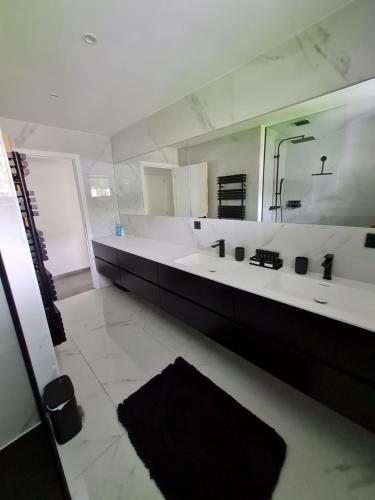 uma casa de banho com um lavatório e um espelho grande em The White Villa em Blankenberge