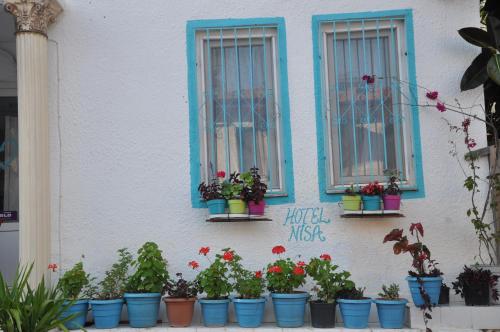a bunch of potted plants on the side of a building at Hotel Nisa in Kas