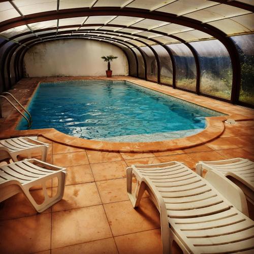 - une piscine avec 2 chaises longues dans un bâtiment dans l'établissement Saint-Eusèbe Mansion - Hôtel Particulier St-Eusèbe, à Auxerre