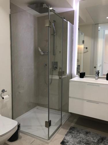 a bathroom with a shower and a toilet and a sink at Darya Estepona in Estepona