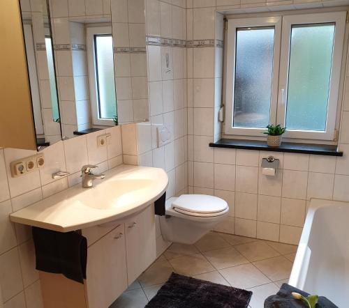 ein Badezimmer mit einem Waschbecken, einem WC und einem Spiegel in der Unterkunft Wastlhof in Aufham