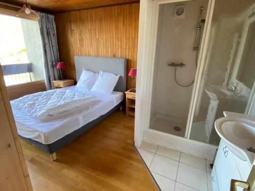 a bedroom with a bed and a shower and a sink at Tignes duplex 8-10 p avec parking in Tignes