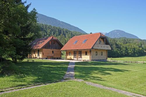 two buildings in a field with mountains in the background at Centris in Feistritz im Rosental