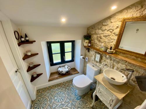 a bathroom with a toilet and a sink and a mirror at Maison Mûrier in Fayssac