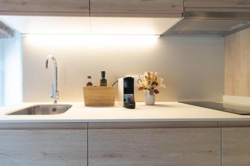 un bancone della cucina con lavandino e una bottiglia di vino di Bruma Boutique Apartment a Girona
