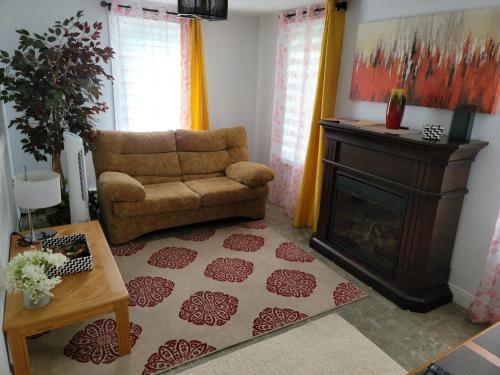 a living room with a couch and a fireplace at Vibrant apartment in the heart of the town in Edmundston