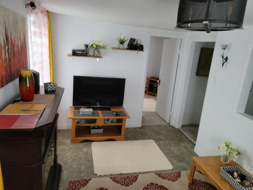 a living room with a television and a table at Vibrant apartment in the heart of the town in Edmundston