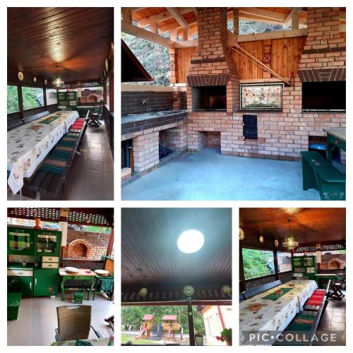a collage of four pictures of a brick fireplace at Casa Bambus Sovata 2 in Sovata