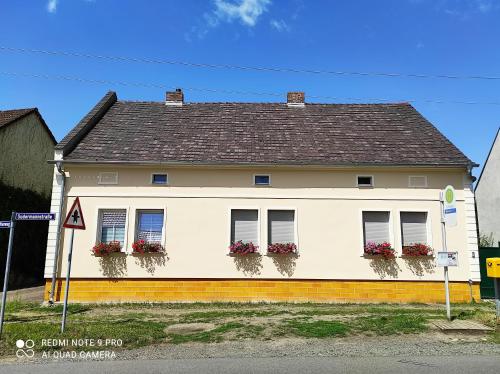 een wit huis met bloembakken op de ramen bij Gästewohnung in Cottbus-Klein Ströbitz in Cottbus