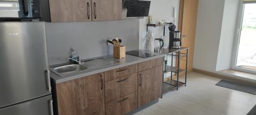 eine Küche mit einer Spüle und einem Kühlschrank in der Unterkunft Ferienwohnung Dick Schwarzenberg in Schwarzenberg