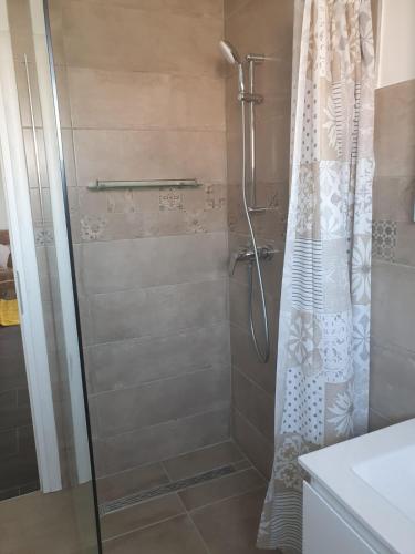 a shower with a shower curtain in a bathroom at Muring Apartments in Tribunj