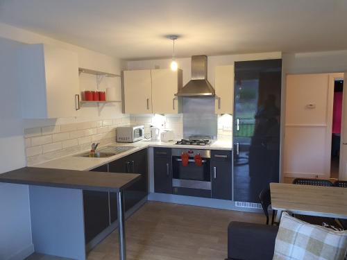 a kitchen with a sink and a stove top oven at Vetrelax Basildon Blake Apartment in Basildon