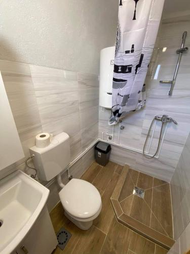 a bathroom with a toilet and a sink at TARA BUNGALOV in Žabljak
