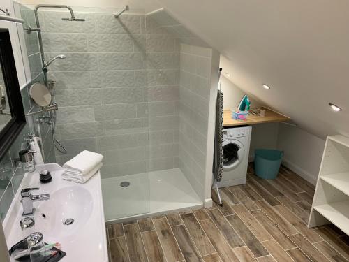 a bathroom with a shower and a sink and a shower at Sylina Spa avec Jacuzzi Privé in Villeblevin
