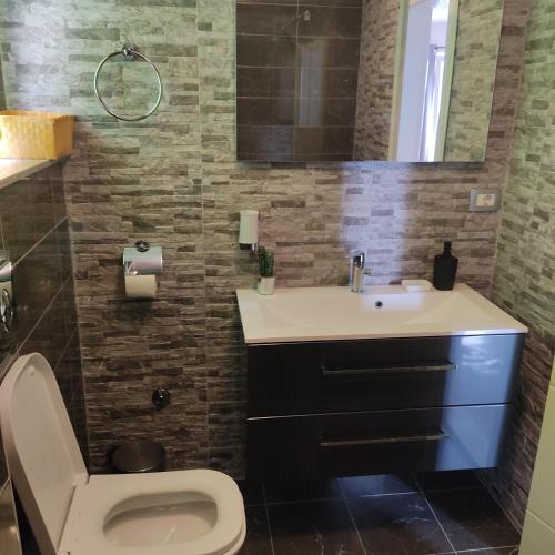 a bathroom with a toilet and a sink and a mirror at Apartmani Mira Brela in Brela