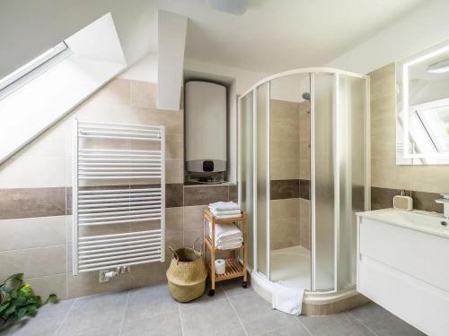 y baño con ducha y lavamanos. en Apartment Jinghu en Hluboká nad Vltavou
