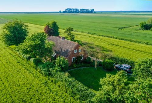 een luchtbeeld van een huis in het midden van een veld bij Polderhaus Deichblick direkt am Dullart in Bunde