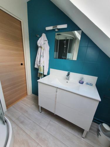 La salle de bains est pourvue d'un lavabo blanc et d'un miroir. dans l'établissement La maison du Roi Vives Eaux, à Boissise-le-Roi