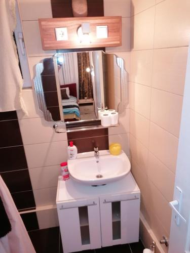 a bathroom with a white sink and a mirror at Excellency apartmani in Banja Luka