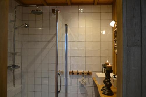 een badkamer met een douche, een wastafel en een douche bij Wildwestruurlo in Ruurlo