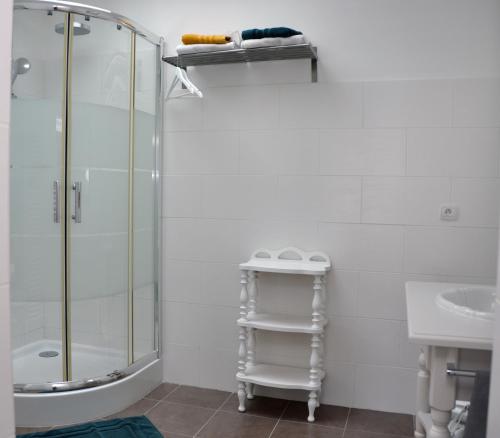 une salle de bain avec douche et lavabo dans l'établissement La Maison du Baloir, à Thairé