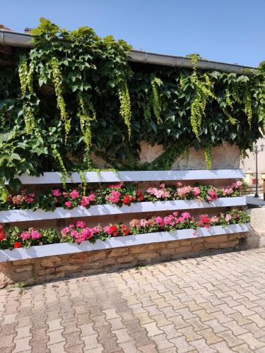 a white bench with pink flowers on a wall at La ferme du Grand Faubourg in Pont-de-Vaux