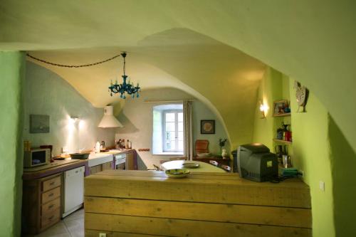 une cuisine avec un plafond voûté et un comptoir avec un micro-ondes dans l'établissement La Maison du Pont Vieux, à Cazilhac