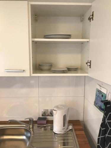 a kitchen with a sink and some plates on a shelf at Ferienwohnung Bad Frankenhausen in Bad Frankenhausen