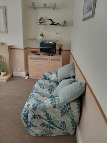 uma sala de estar com um sofá com almofadas em The Shady Corner, Flat 2, 16 Sandy Lane em Prestatyn
