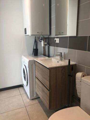 een keuken met een wasmachine en een wastafel bij Dar Lila Cote d'Opale in Saint-Martin-Boulogne