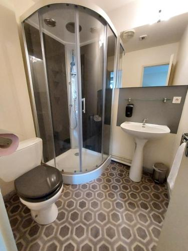 a bathroom with a shower and a toilet and a sink at Hôtel le Comtois in Saône