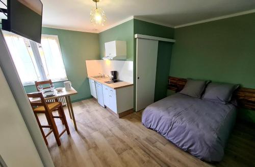 une chambre avec un lit, une table et un bureau dans l'établissement Studio LA TERRAZA, à Lamalou-les-Bains