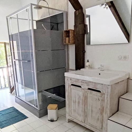 une salle de bain avec une douche en verre et un lavabo dans l'établissement La grange de l'épine, à Forges-la-Forêt