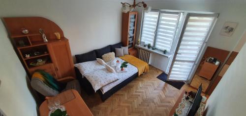 um pequeno quarto com uma cama e uma janela em Apartament Park Saski II em Sandomierz