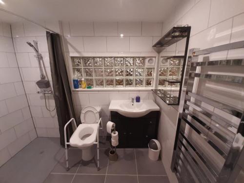 a small bathroom with a sink and a toilet at Les Chambres Chouettes in Villefranche-de-Conflent