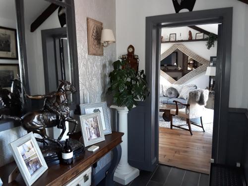 a living room with a mirror and a dog in a room at Ballybur Lodge Mews 2 in Kilkenny